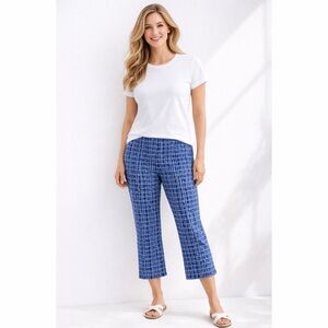 J MCLAUGHLIN IVY CAPRI PANTS PULL ON BACK POCKET BLUE WHITE CHECK RESORT CHIC 10